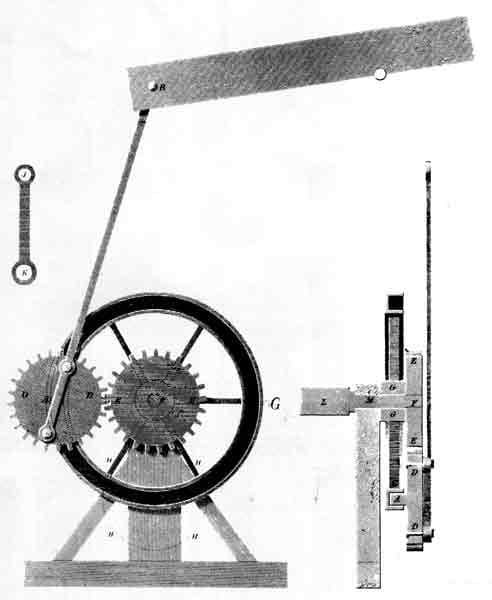Engraving of a beam end linked by a rod to a toothed wheel that meshes with another toothed wheel fixed inside a large flywheel, with a separate drawing of the linking bar.