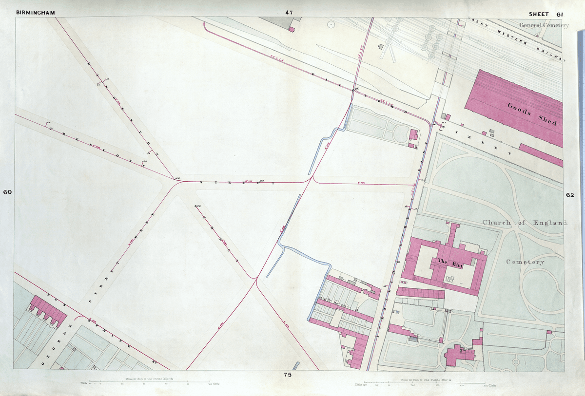 Coloured large-scale town plan with streets in outline, the Mint shown in pink beside a cemetery.