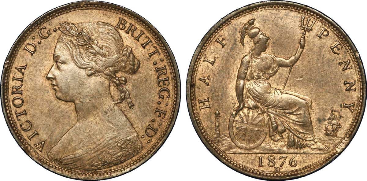Both sides of a bronze halfpenny: Queen Victoria’s head, and Britannia seated with the date 1876 and a small letter H below it.