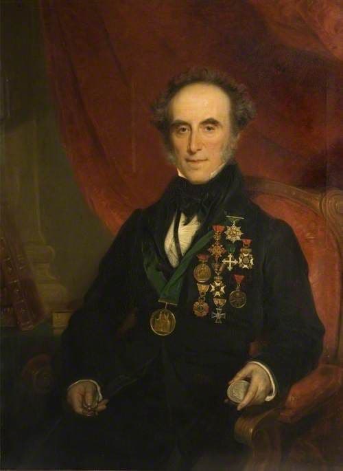 Oil portrait of a grey-haired man seated in a red chair, his black coat covered with medals and orders on ribbons.