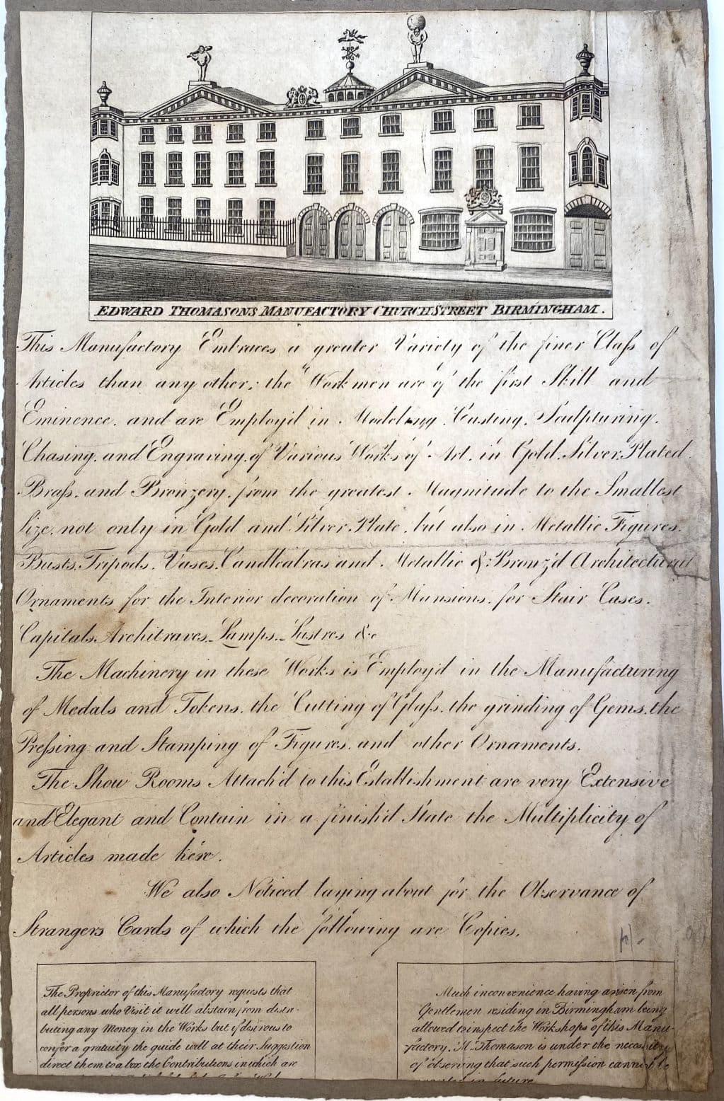 Printed sheet with an engraving of a long three-storey factory front at the top and handwritten-style text below.