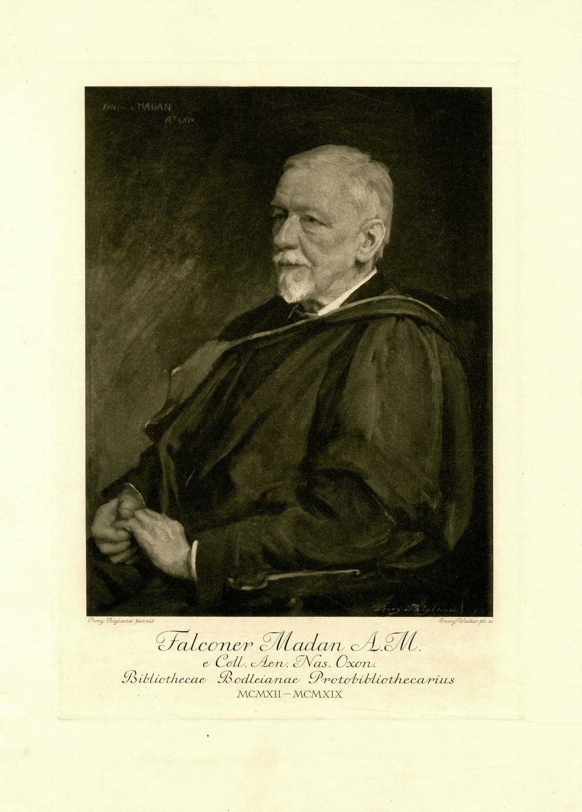 Lithograph of a heavily bearded man seated at a table with his arm resting on books.