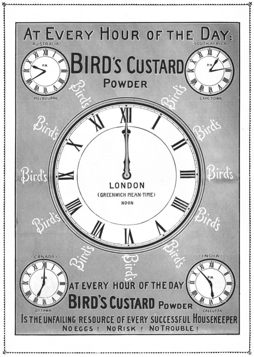 Advertisement with a large clock face ringed by smaller clocks and the words At every hour of the day, Bird’s Custard Powder.