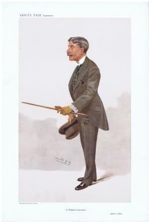 Colour caricature of a slim man with a moustache in a grey suit, holding a cane and a hat.