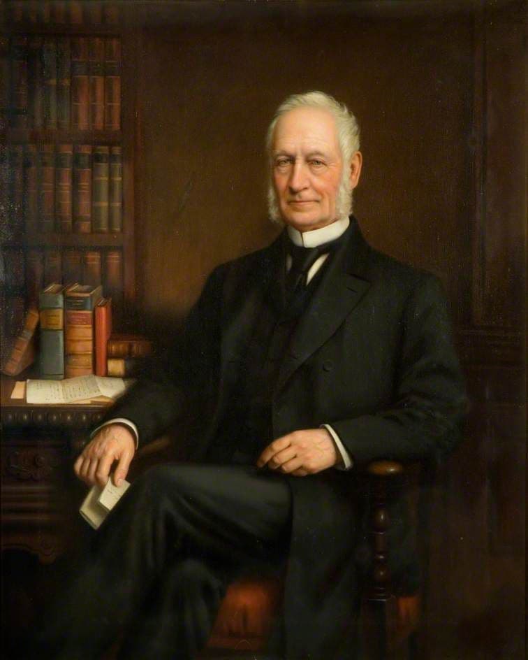 Oil portrait of an old man with a white beard, in dark clothes.