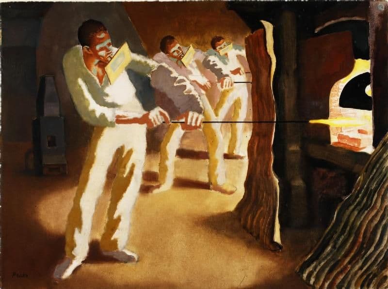 Drawing of three men in white overalls and masks pushing long poles through a hatch into a glowing furnace.