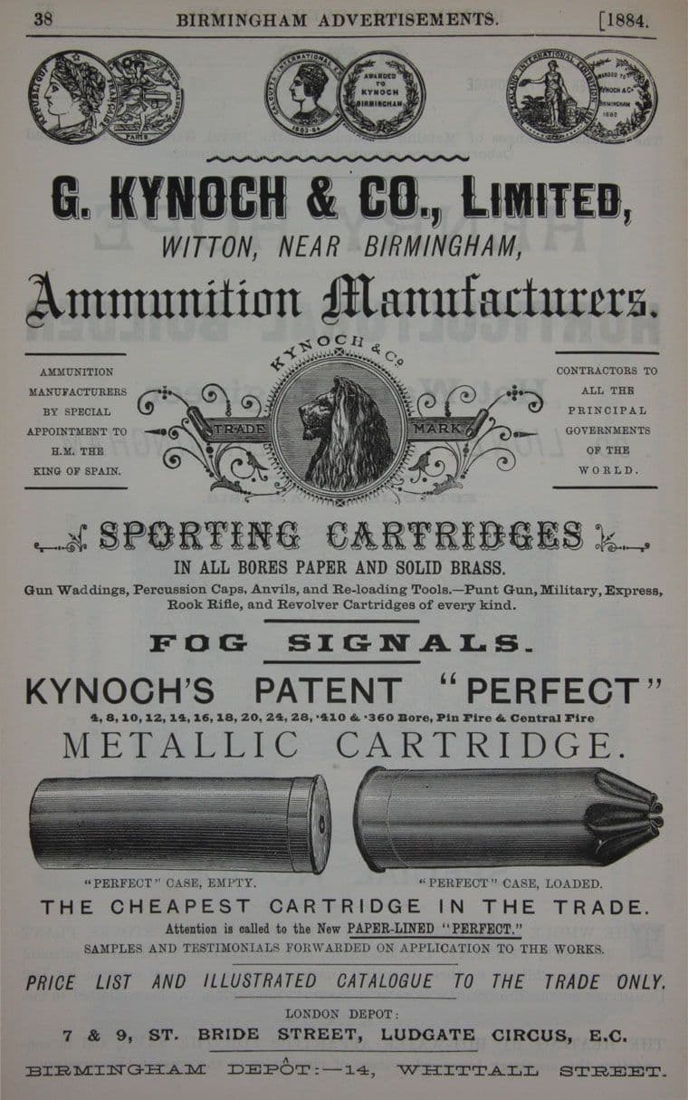 Directory advertisement headed ‘G. Kynoch & Co., Limited, Witton, near Birmingham, Ammunition Manufacturers’, with exhibition medals, a lion’s-head trade mark and drawings of two brass cartridges.