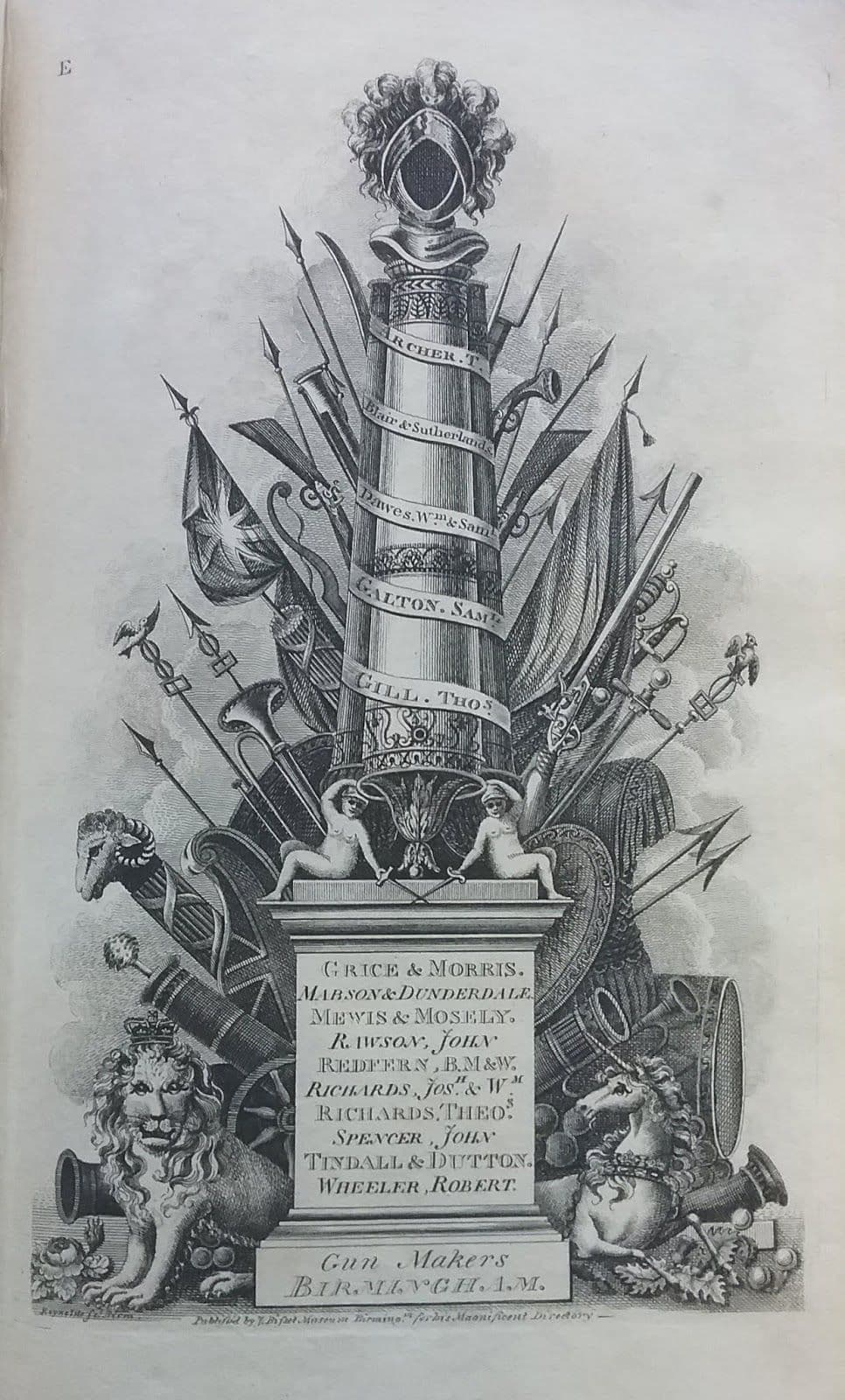 An engraved trophy of weapons, flags and armour around a column and pedestal inscribed with the names of Birmingham gun makers.