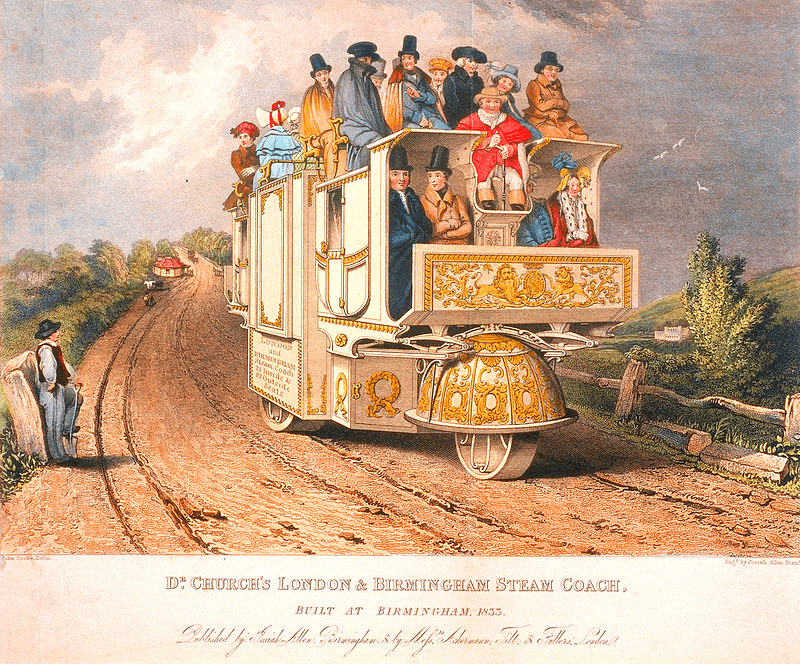 A coloured print of a large ornate steam coach with gilded panels and dome-shaped wheel covers, crowded with passengers in top hats and bonnets, on a country road.
