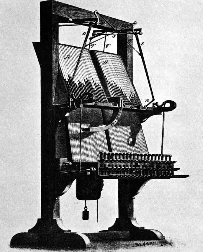 An engraving of a tall wooden frame holding sloping banks of type channels above a row of keys.