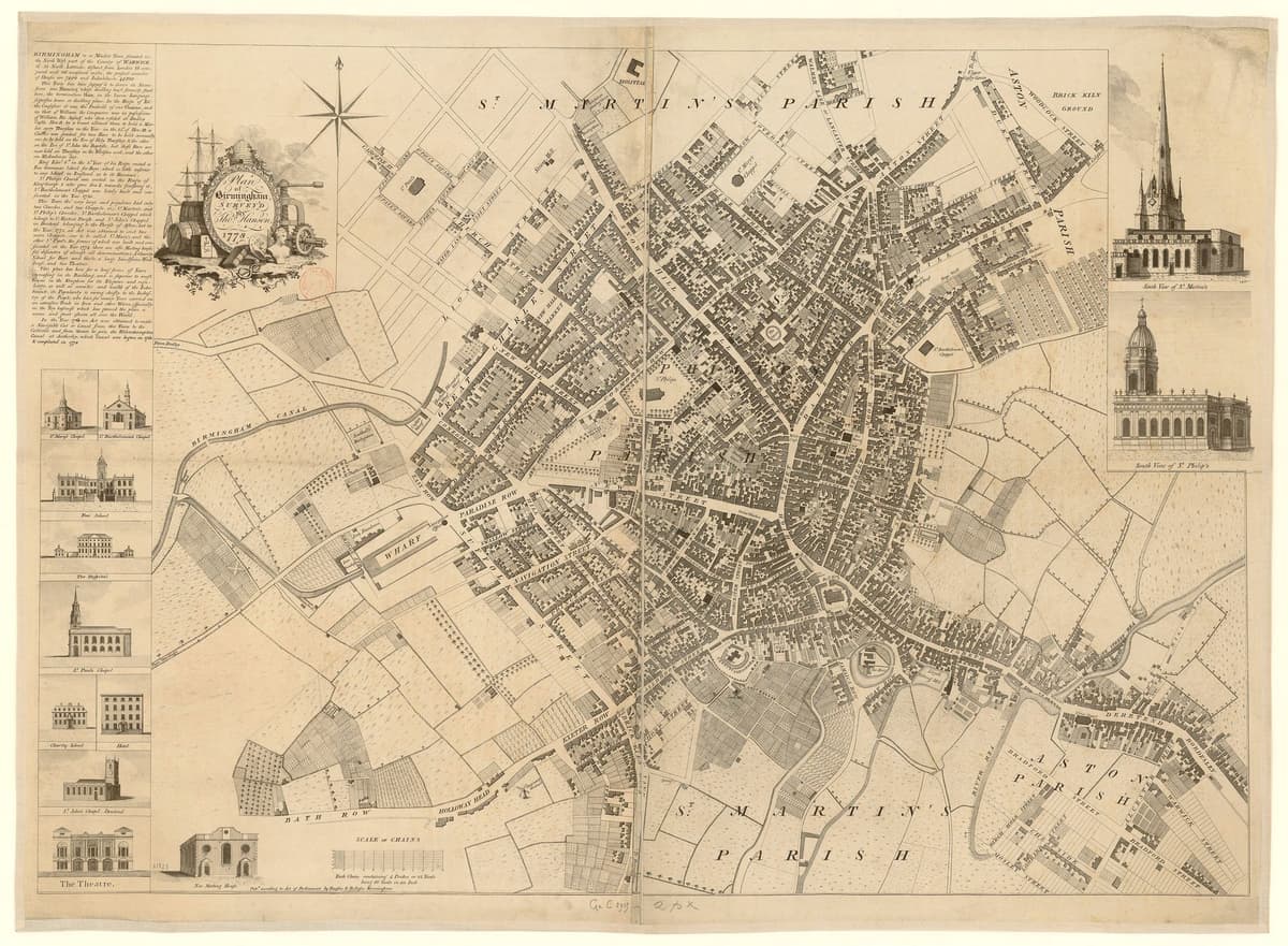 Engraved town plan of Georgian Birmingham, with a round moated island south-east of St Martin’s church.
