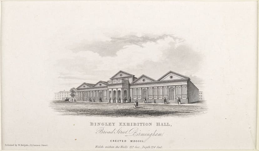 Engraving of a long, low brick exhibition hall with five pedimented gables and a raised central entrance of round arches.