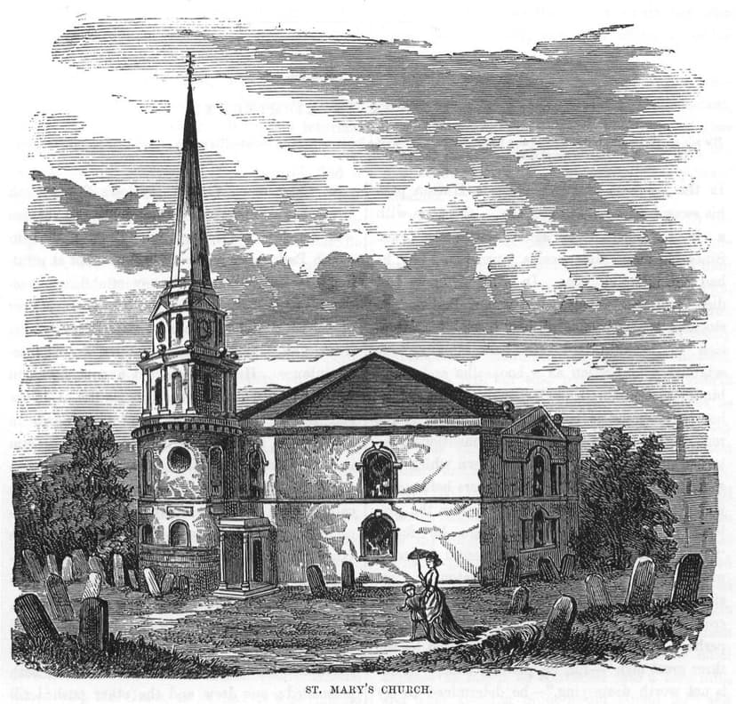 Engraving of an octagonal Georgian church with a large pyramid roof and a slender spire on a round tower, among gravestones.