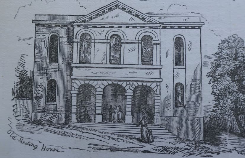 Engraving of a Georgian brick chapel with a pedimented centre, three tall arched upper windows and a porch of three arches reached by steps.