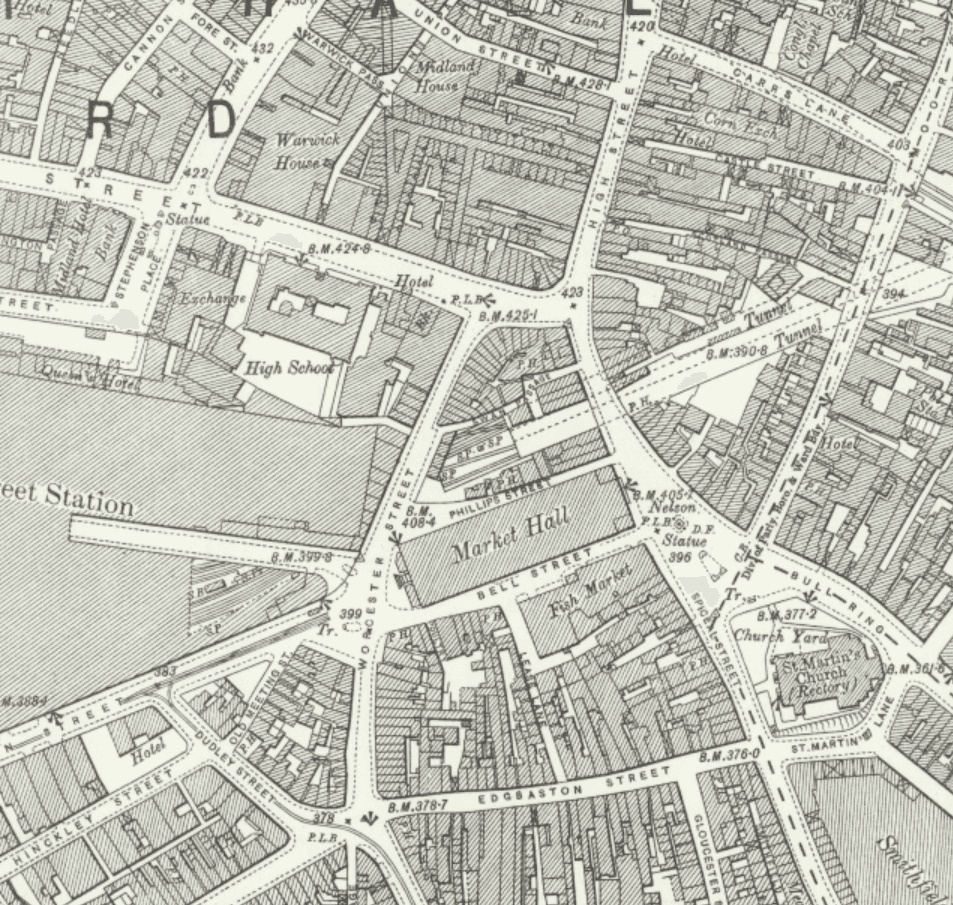 Old Ordnance Survey map of the Bull Ring area, with the Market Hall, the Fish Market across Bell Street and Smithfield Market south of St Martin’s Church.