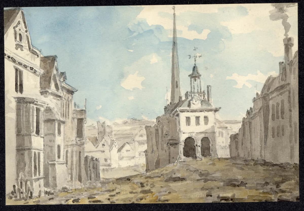 Grey wash and watercolour drawing looking down a street to a small arched market house with a cupola, with a church spire behind.