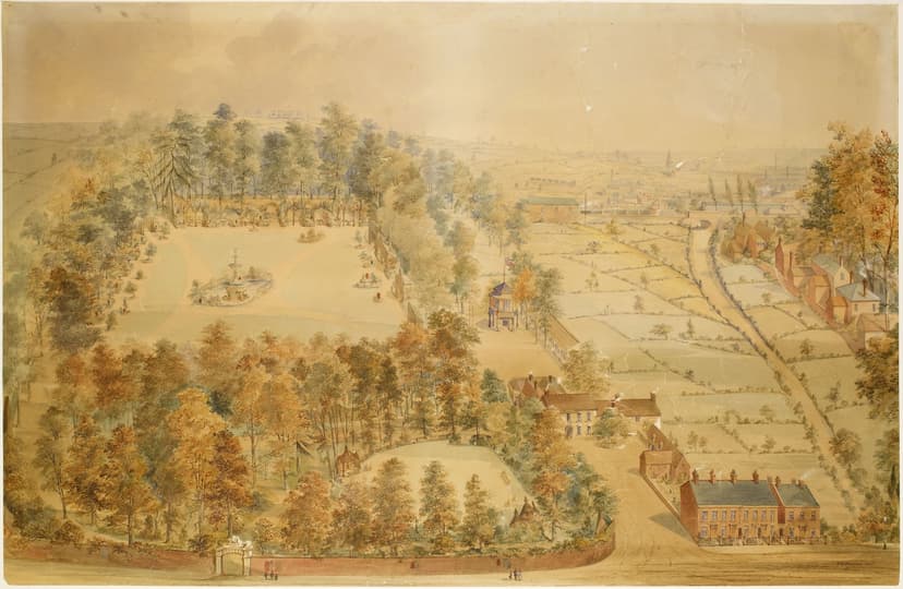 Watercolour bird’s-eye view of tree-lined pleasure gardens with a lawn, a pavilion and a house by the entrance drive.