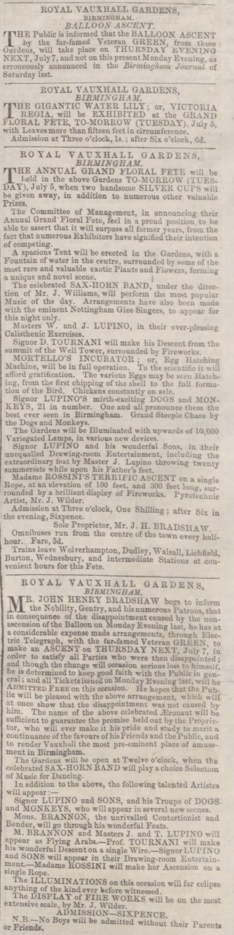 Column of newspaper advertisements announcing a balloon ascent and a floral fête.