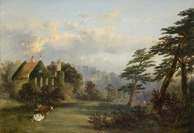 Painting of an ivy-covered house with a ruined Gothic arcade and a pinnacled turret, with cattle grazing in front.