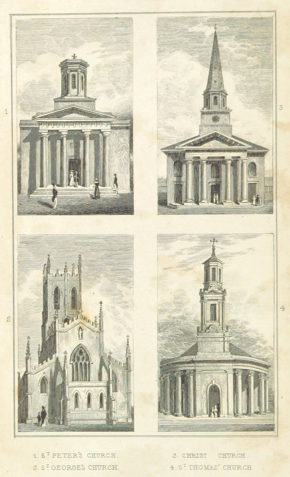 Engraved plate of four churches; St Thomas’s is shown with curved colonnades either side of a tall tower.