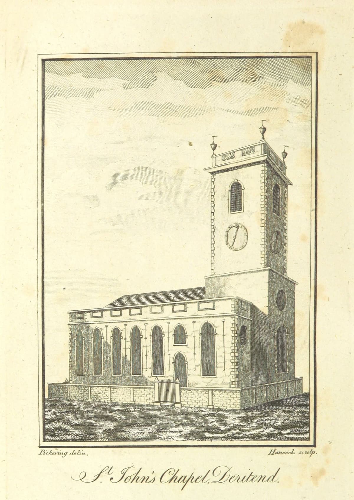 Engraving of a brick Georgian church with tall round-arched windows and a square tower topped by a balustrade and urns.