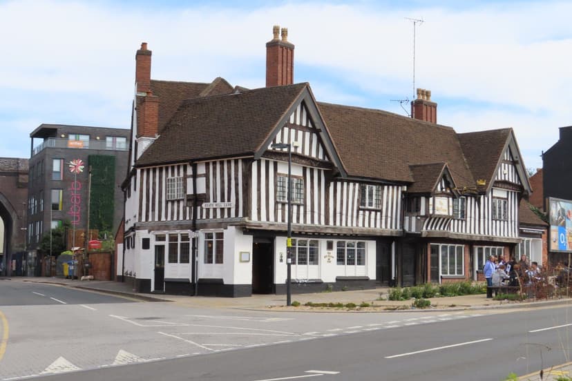 The timber-framed Old Crown pub with its jettied upper floor.