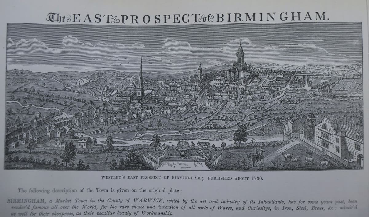 Engraved panorama of Georgian Birmingham seen from the east, with church spires on the skyline and the river valley in front.