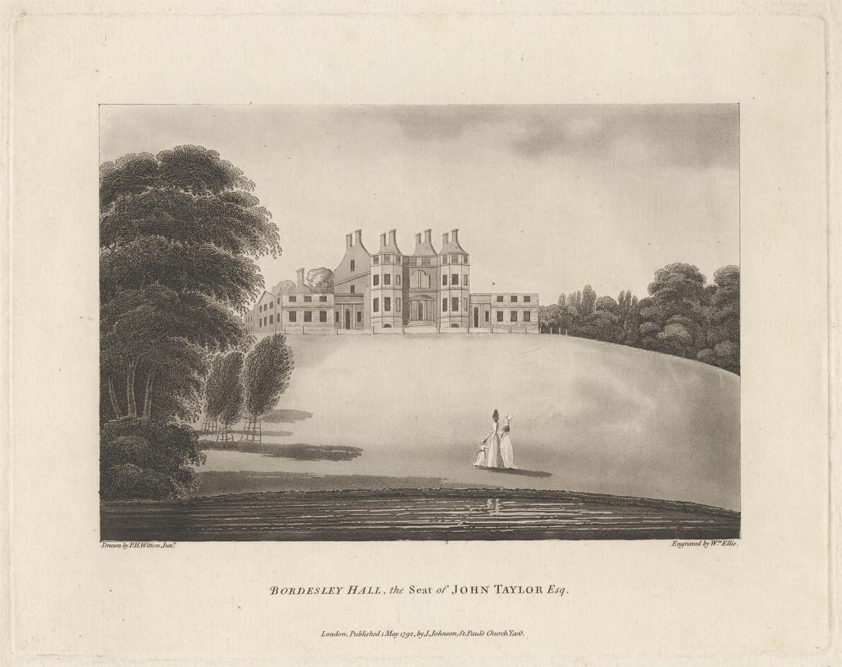 Engraving of a large Georgian house standing roofless and burnt out on a rise above a lawn and a pool.