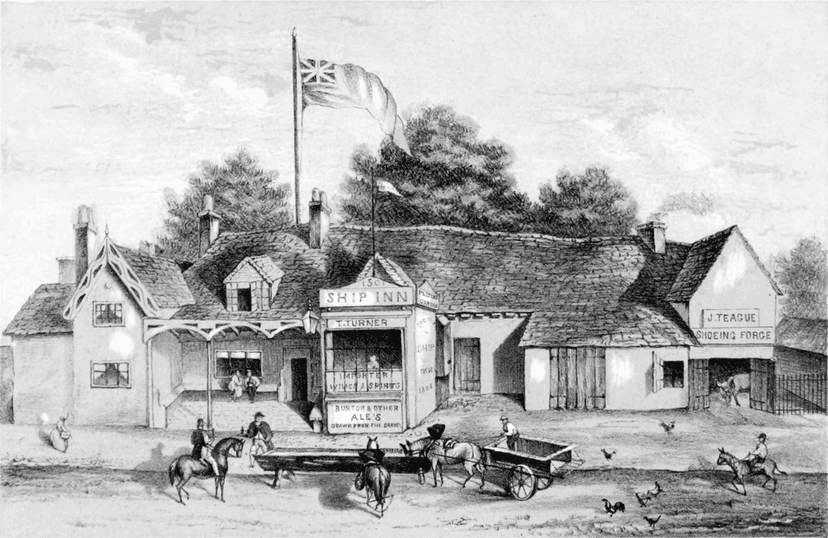Engraving of a long, low tiled inn with a flagpole, a horse trough and riders in front, and a blacksmith’s forge at one end.
