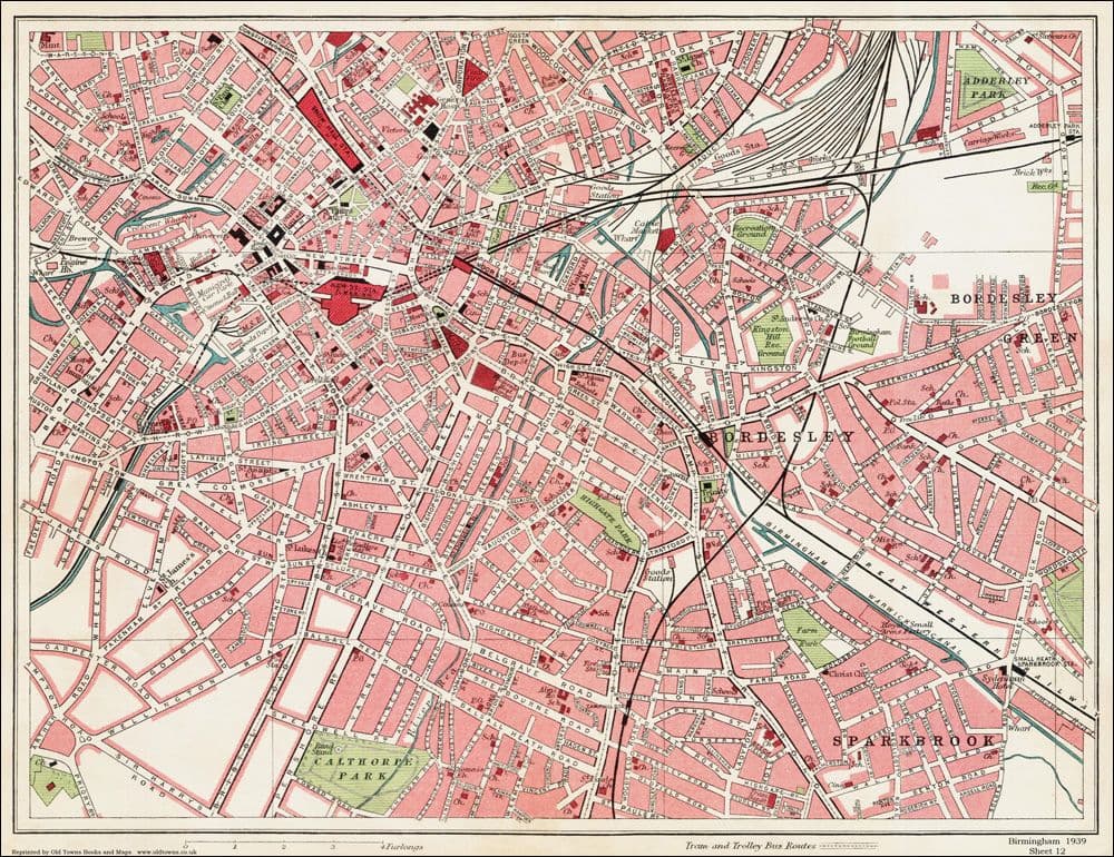 Black-and-white street map of Bordesley with dense terraced streets and a football ground.
