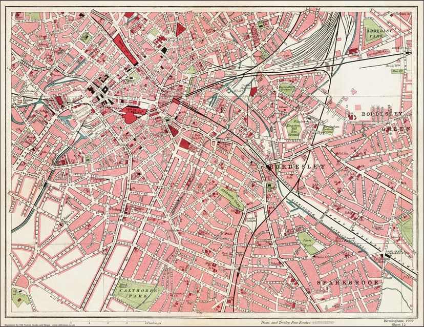 Black-and-white street map of Bordesley with dense terraced streets and a football ground.