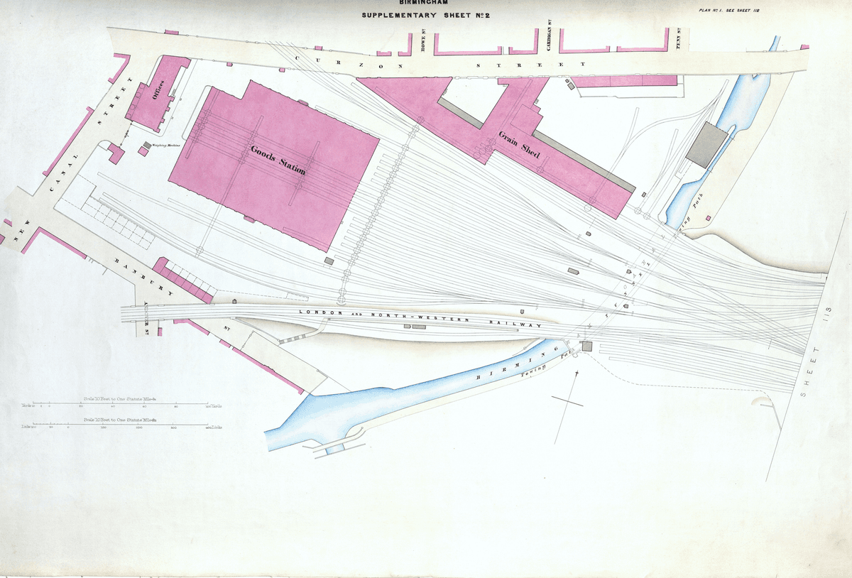 Revised survey map of a railway goods yard with many parallel tracks.