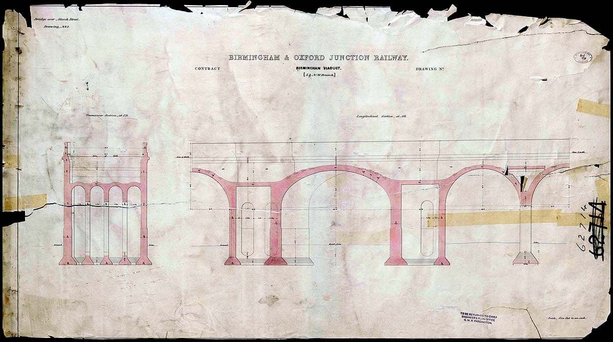 Engineering drawing of brick viaduct arches in long and cross section.