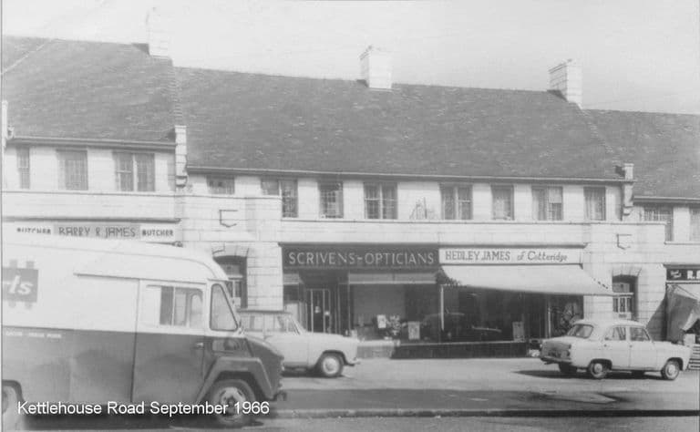 A parade of shops: Barry R James butcher, Scrivens Opticians and Hedley James of Cotteridge, with a delivery van and a Ford car parked outside