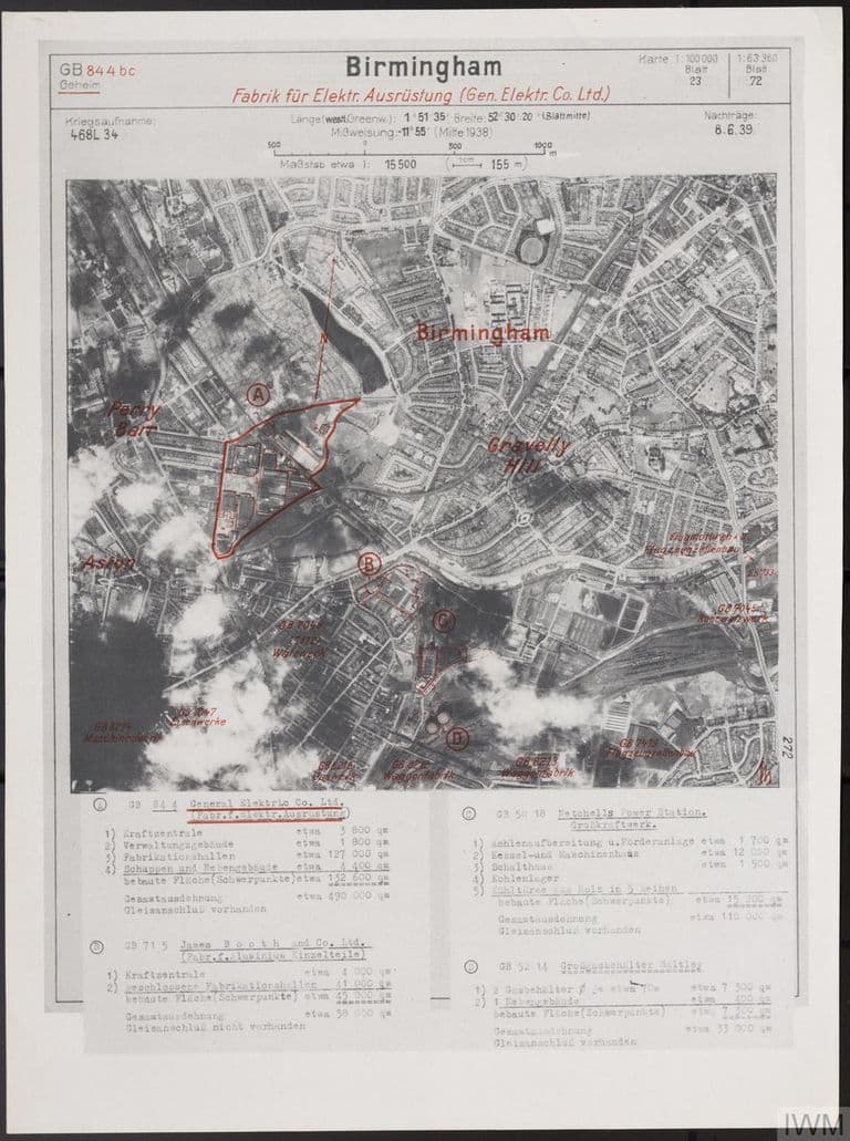 German target sheet: aerial photograph of Witton, Perry Barr and Gravelly Hill with the GEC works outlined in red and lettered A to D, above typed German notes.