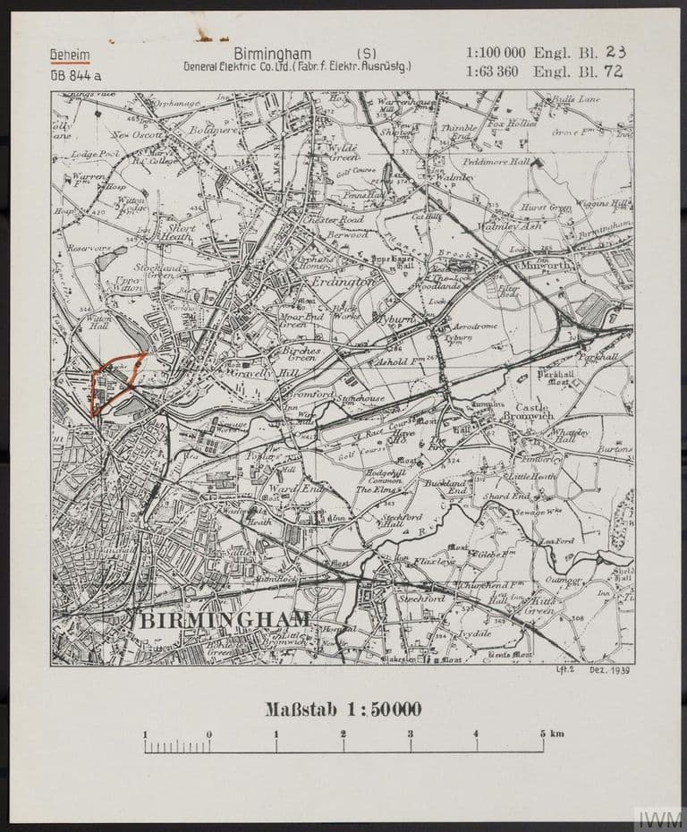 German 1:50,000 map of north-east Birmingham with the GEC Witton works outlined in red; New Oscott, Warren Farm and Witton Lodge Farm appear in the top-left corner.