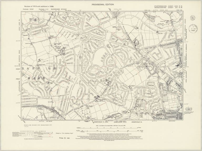 Ordnance Survey six-inch map with 1938 additions showing the completed Kingstanding estate and the neighbouring districts