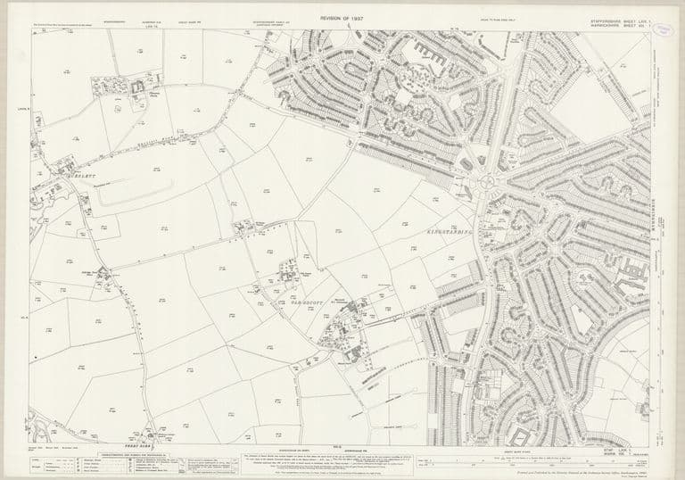 Ordnance Survey 25-inch map revised in 1937 showing the new Kingstanding estate, with roads radiating from the Circle, beside remaining fields and Old Oscott