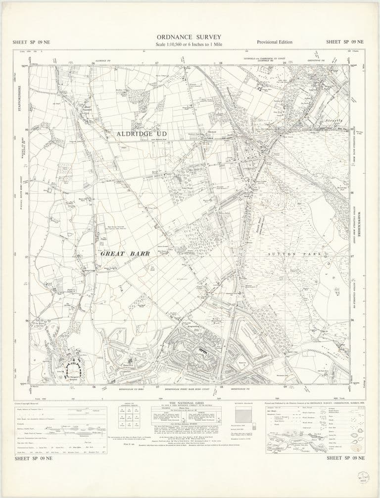 Six-inch National Grid map of 1955 covering north Kingstanding, Queslett, Pheasey, Banners Gate and western Sutton Coldfield
