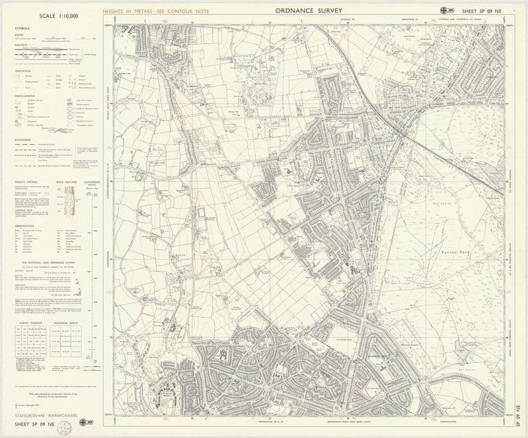 Six-inch National Grid map of 1971 covering north Kingstanding, Queslett, Pheasey and Banners Gate with post-war housing and schools
