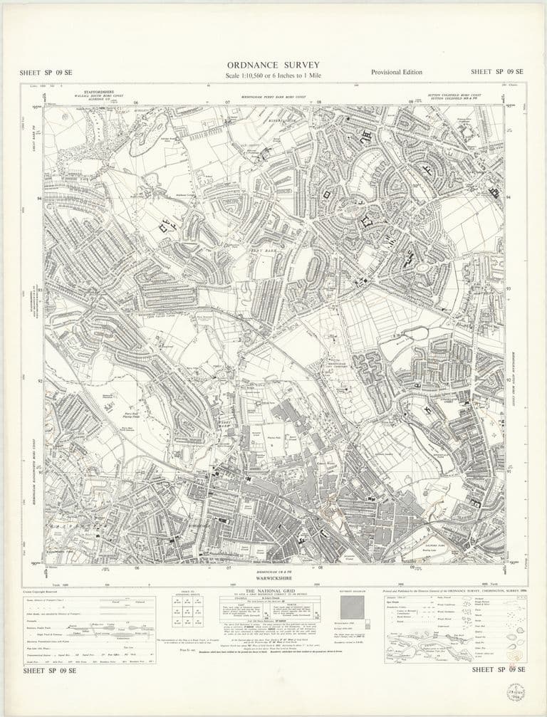 Six-inch National Grid map of 1956 covering Kingstanding, Perry Common, Old Oscott, Witton Lakes, Perry Barr and Witton