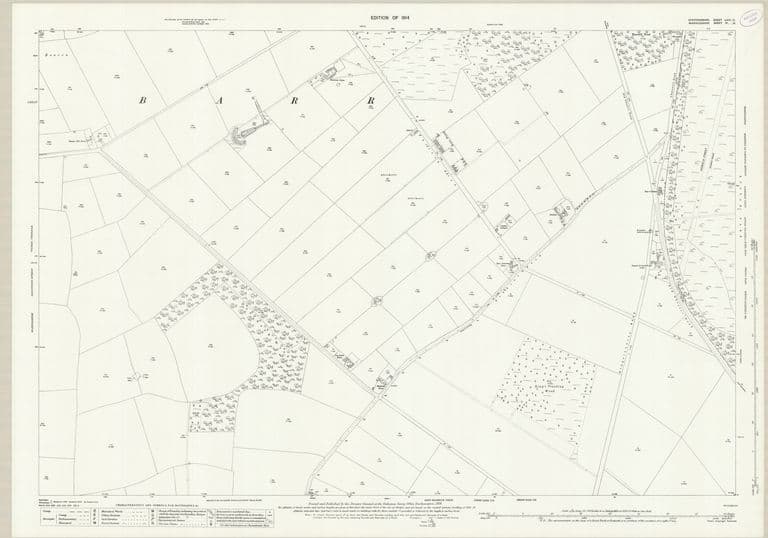 Detailed 1914 map of farmland north of the King's Standing mound towards Queslett and Pheasey, with farms, lanes and field boundaries