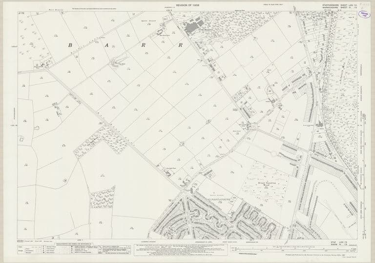 Detailed map revised 1938 showing new council-house streets in north Kingstanding replacing the fields, with the Queslett and Pheasey edge