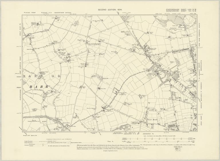 Six-inch map sheet showing Queslett, Old Oscott, Kettle House Farm, King's Vale pumping station, Hare & Hounds Inn, Warren Farm, Halfway Farm and New Oscott