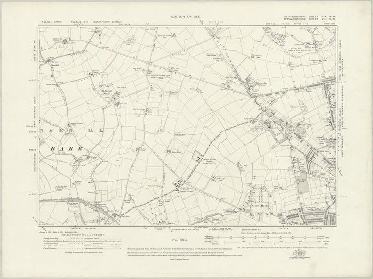 Six-inch map sheet of 1921 showing the Kingstanding area still as fields and farms, with Kettle House Farm, Warren Farm and the Hare and Hounds