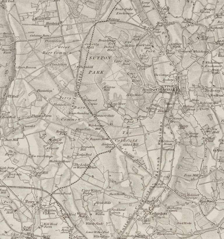 Engraved one-inch map showing Perry Barr Common, 'Kings Standing', Kings Vale, Icknield Street, Banners Gate, Welshmans Hill and Oscott College