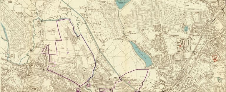 Detail of a German 1941 map: violet outlines round Kynoch's Lion Ammunition Works and Holford Mills and the GEC works at Witton, beside Witton Cemetery and the canal.