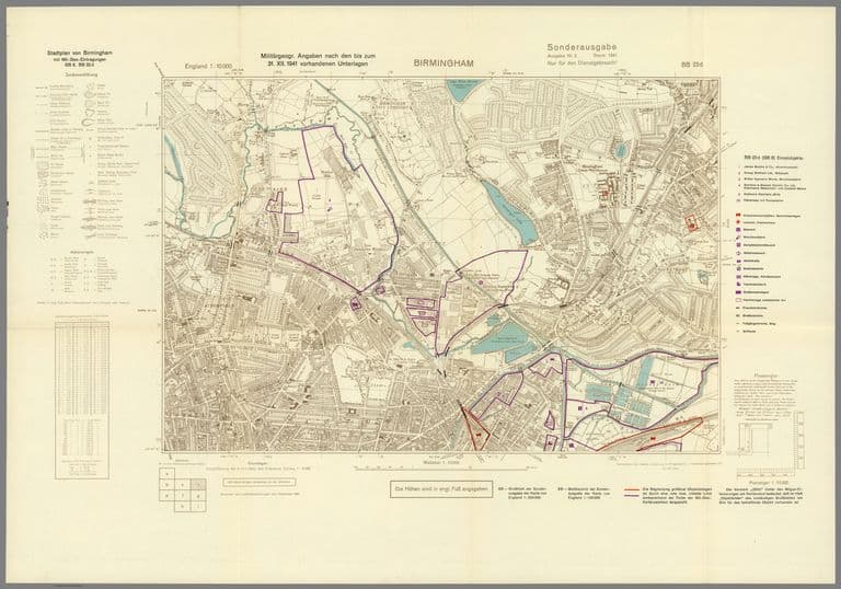 German invasion-planning street map of north Birmingham printed in brown with blue water; violet outlines mark the Kynoch and GEC works at Witton and Perry Barr.
