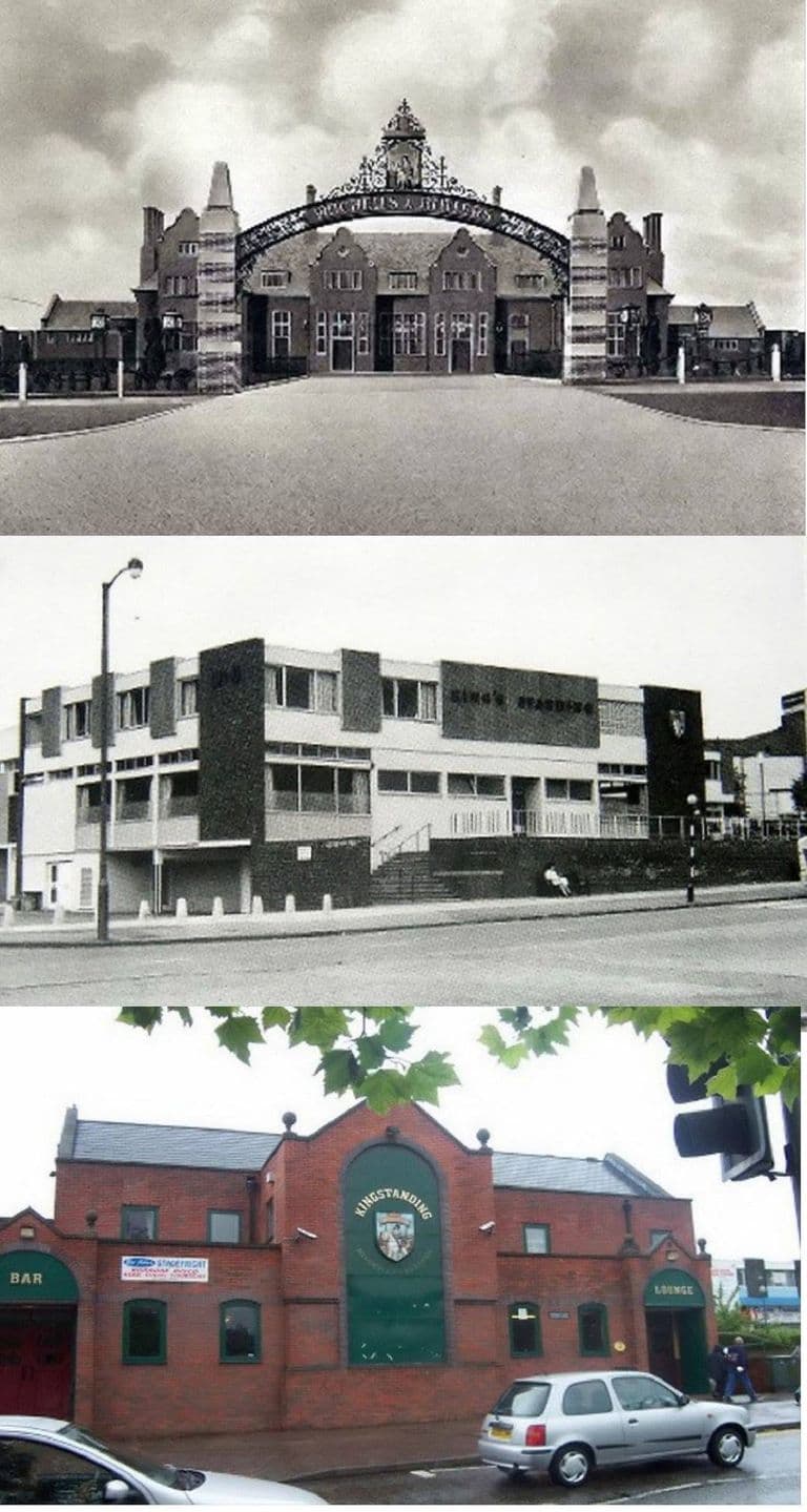 Three pictures stacked: the 1930s pub behind its great arch, a 1960s block lettered King's Standing, and a later red-brick pub with Bar and Lounge doors