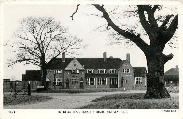 1950: Black-and-white postcard of the Deers Leap pub on Queslett Road around 1950, a large brick pub seen between two old oak trees